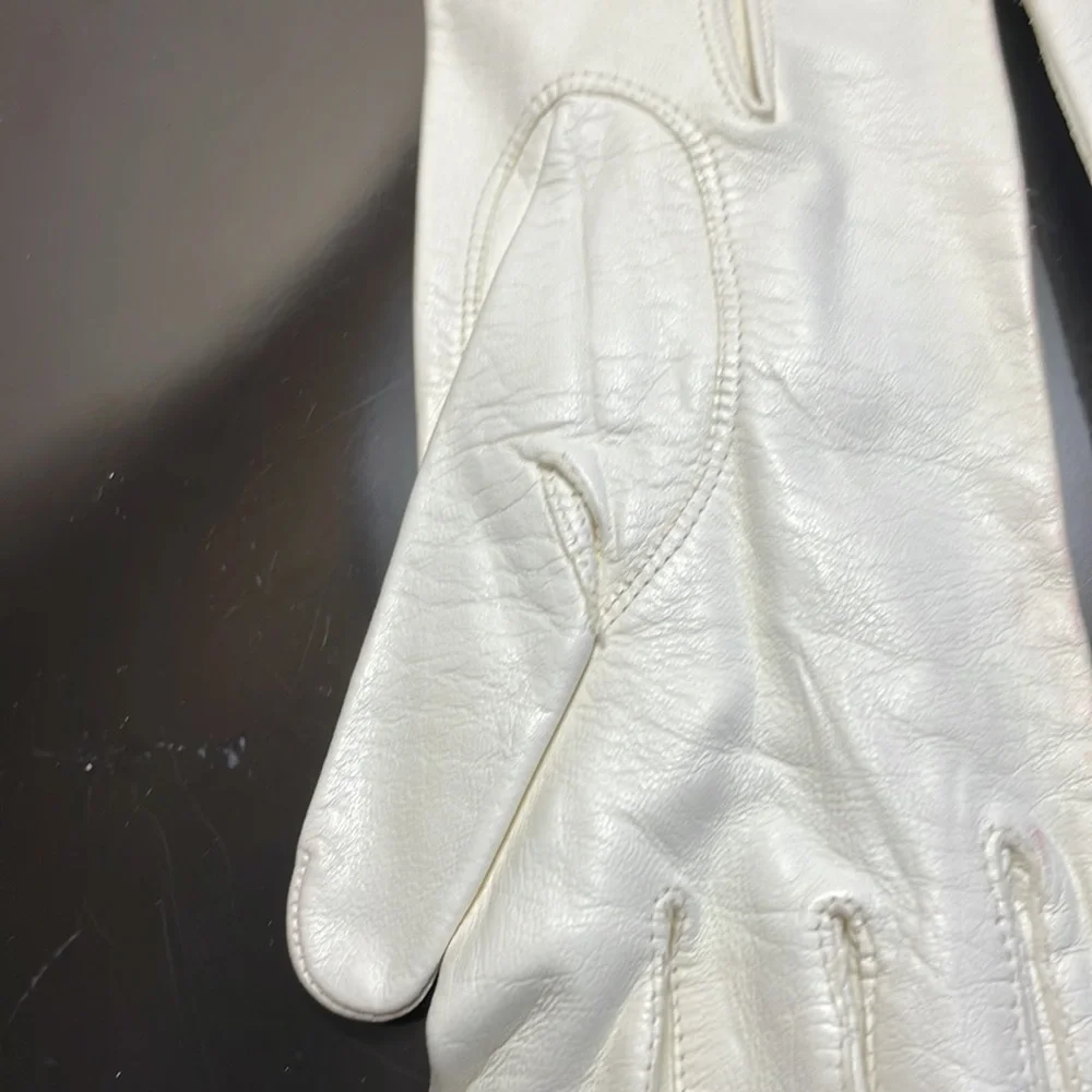 NEW white petite ladies girls leather dress gloves embroidered flower XS vintage